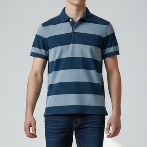 Tommy Hilfiger Mens Polo Shirt Custom Fit Short Sleeves Teal Green Stripes Small